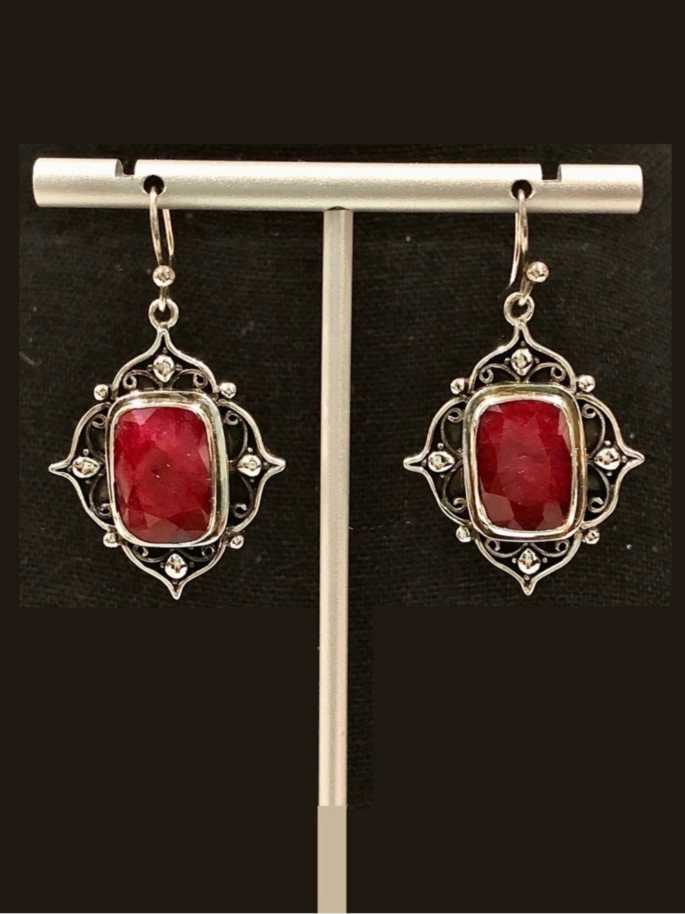 SAMUEL BENHAM BJC Sterling Silver Faceted Ruby and Oxidized Silver Drop Earrings